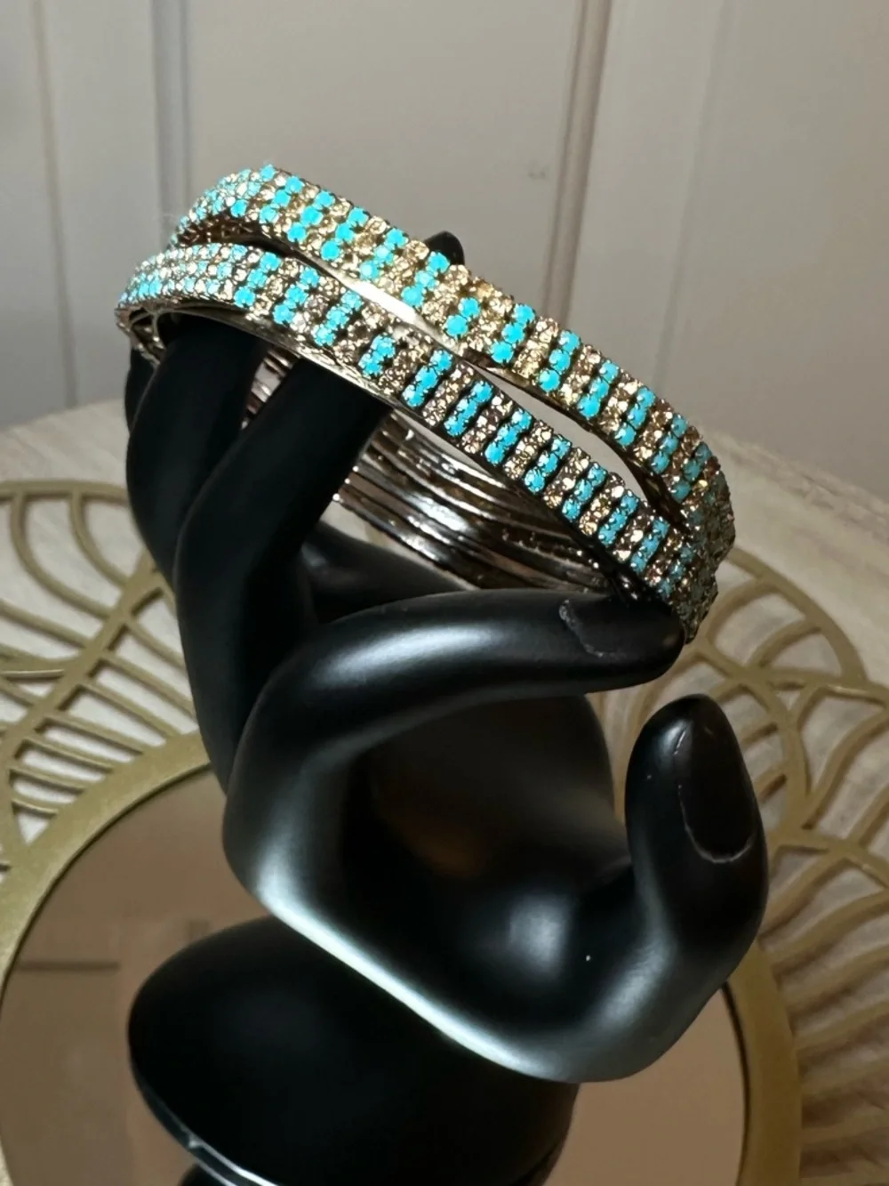 Turquoise Gold Rhinestone Bangle Bracelet Set 2 Pc Square Wavy Stack Glam Boho - Picture 3 of 9